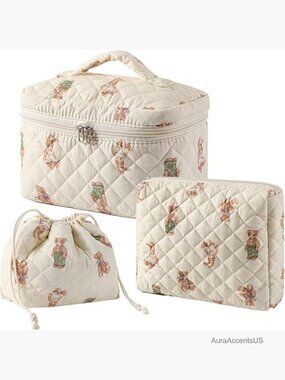 Large Cotton Quilted Travel Toiletry Bag Set - 3 Pieces with Drawstring Gift Bag
